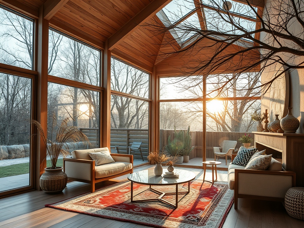 Светлая комната с большими окнами, деревянным потолком и уютной мебелью, закат на улице.