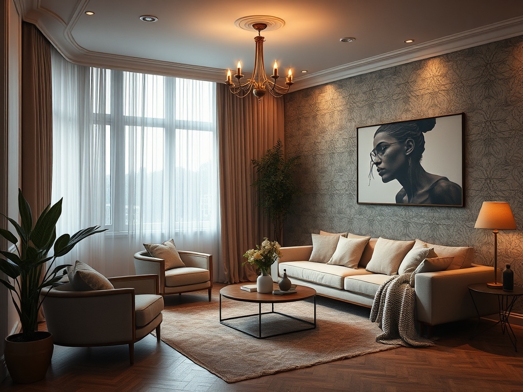 Современная гостиная с диваном, креслами, растениями и картиной на стене в уютном освещении.