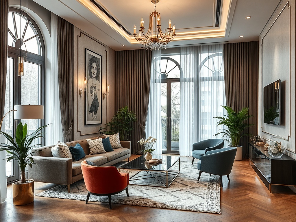 Современная гостиная с большим окном, уютным диваном, креслами и стильным освещением.