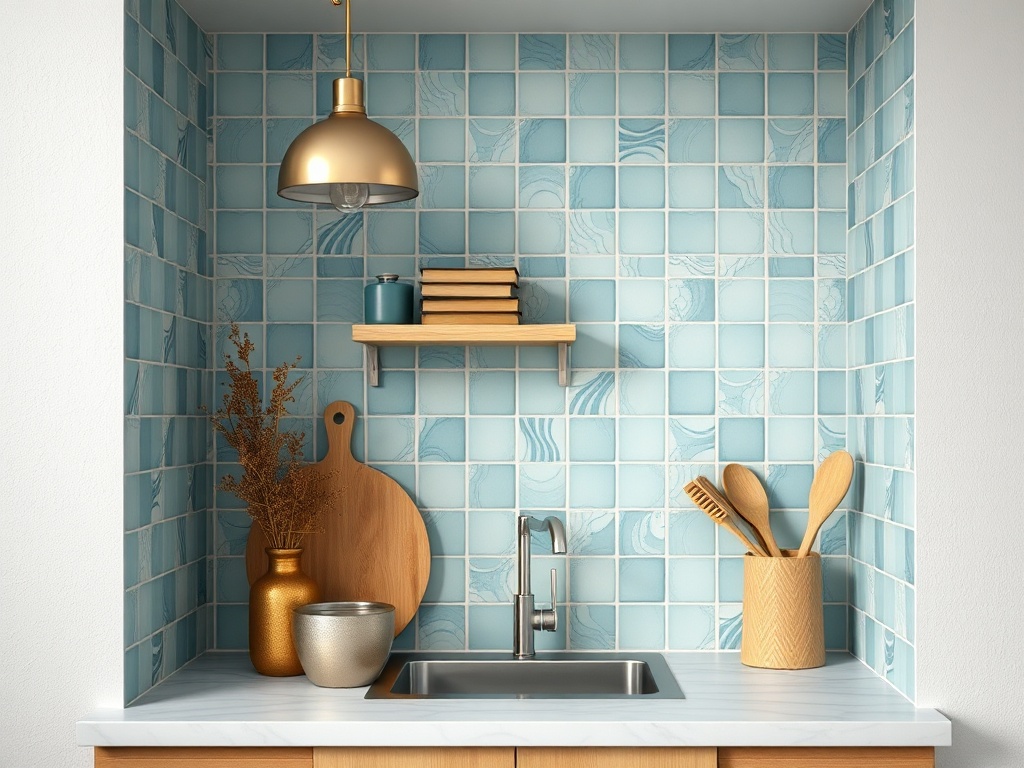 Уютная кухня с плиткой небесного цвета, уютной полкой и элементами из дерева и металла.