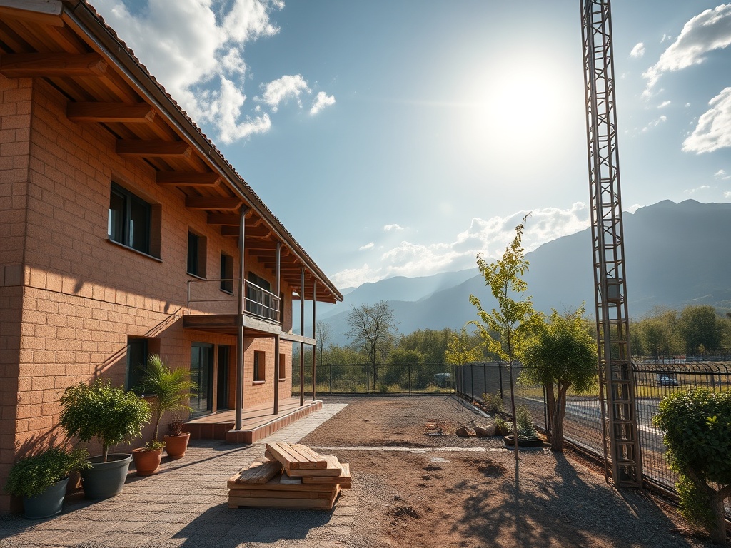 Дом с террасой под солнечным светом, окруженный зелеными растениями и горами на заднем плане.