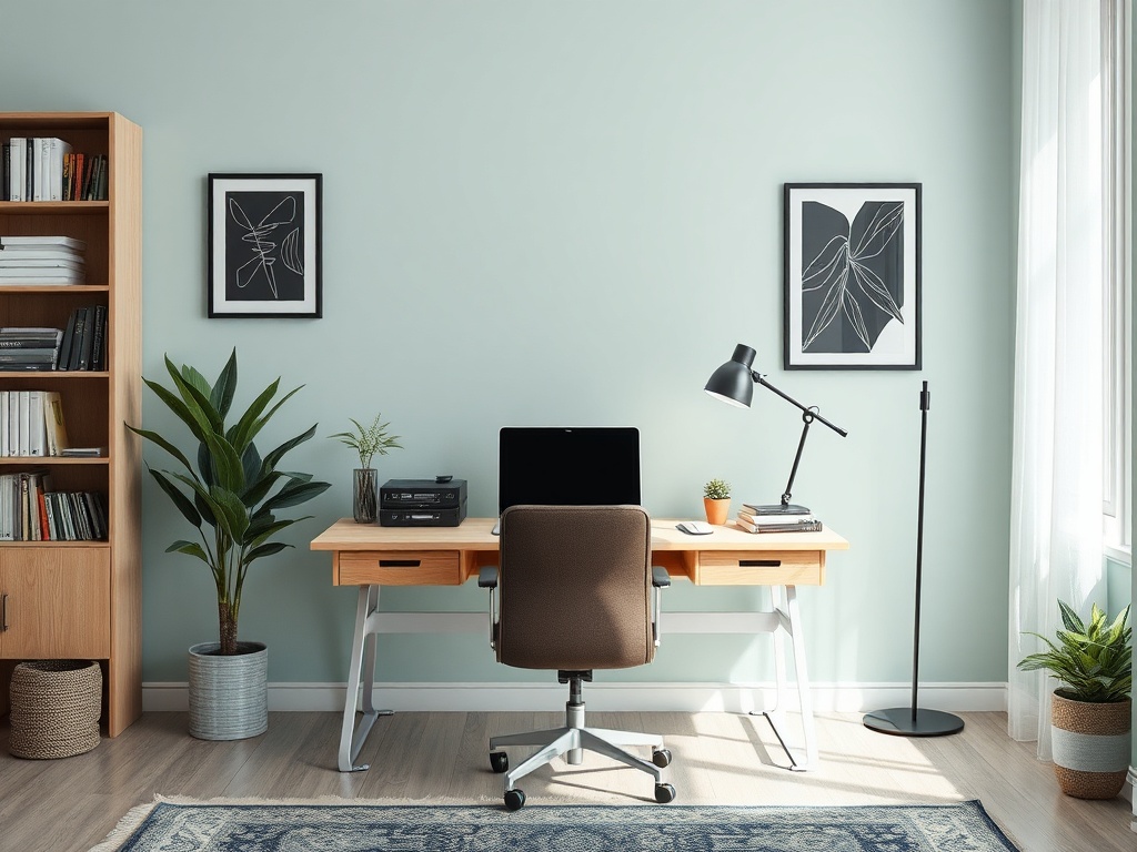 Современный офис: стол с компьютером, книги, растения и картины на стенах. Светлое и просторное пространство.