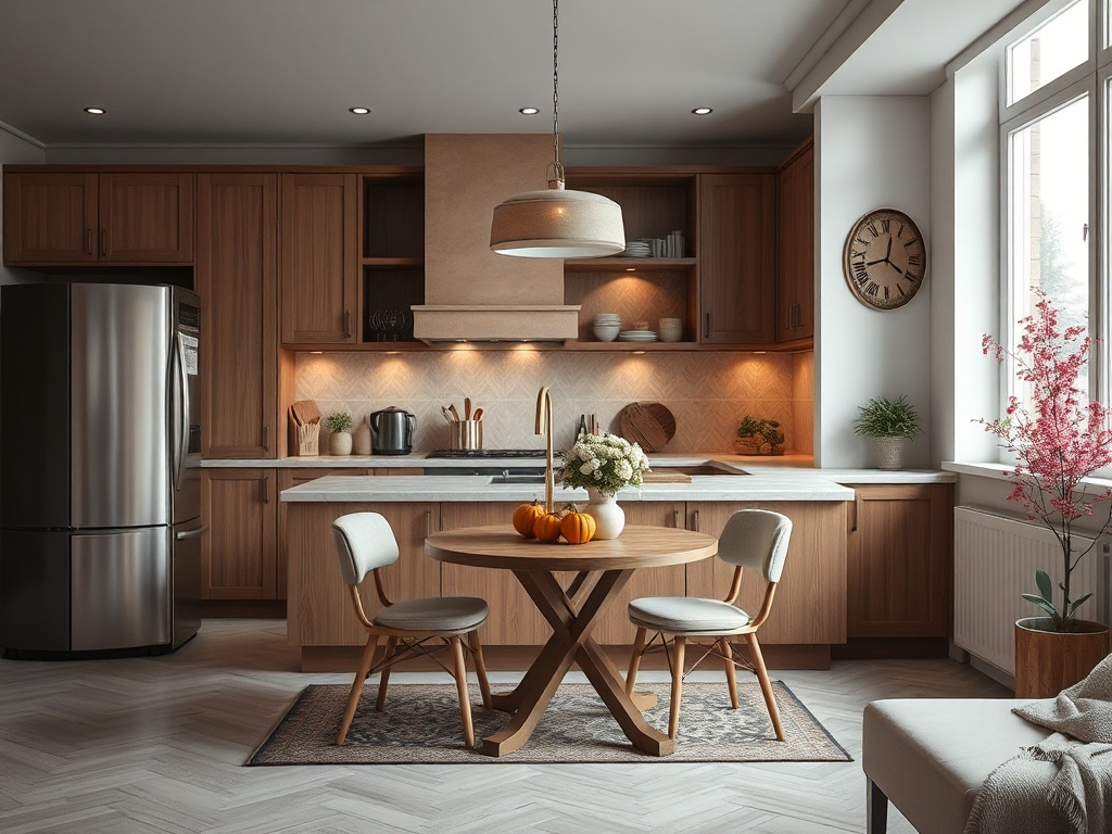 Свежая кухня с деревянными шкафами, столом и стульями, украшенная цветами и фруктами. Светлое и уютное пространство.