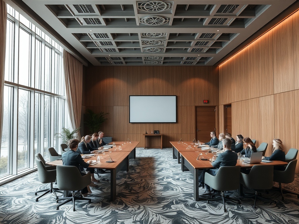 Совещание в современном зале с большими окнами. Участники обсуждают важные вопросы за столом.