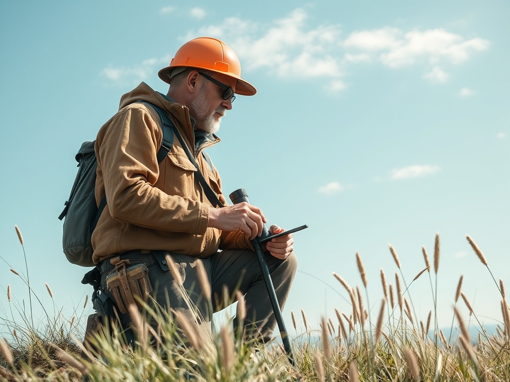 Мужчина в защитном шлеме на природе, использующий устройство и держащий трость среди травы.