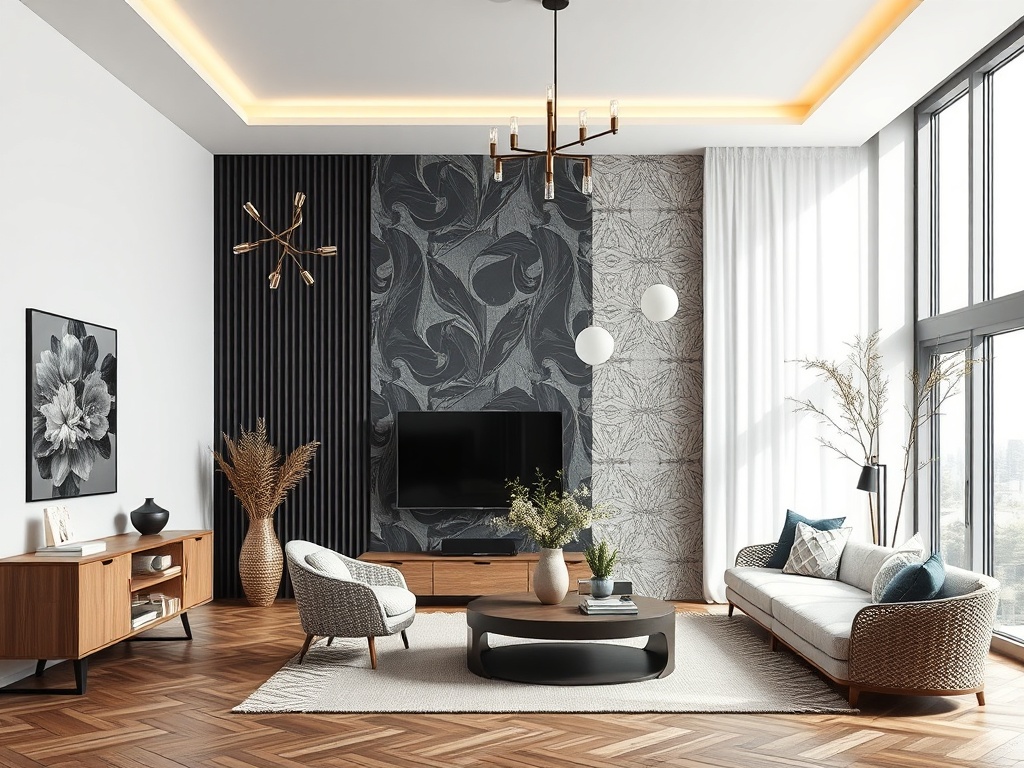 Современная гостиная с уютной мебелью, телевизором и декоративными растениями на фоне стильных обоев.
