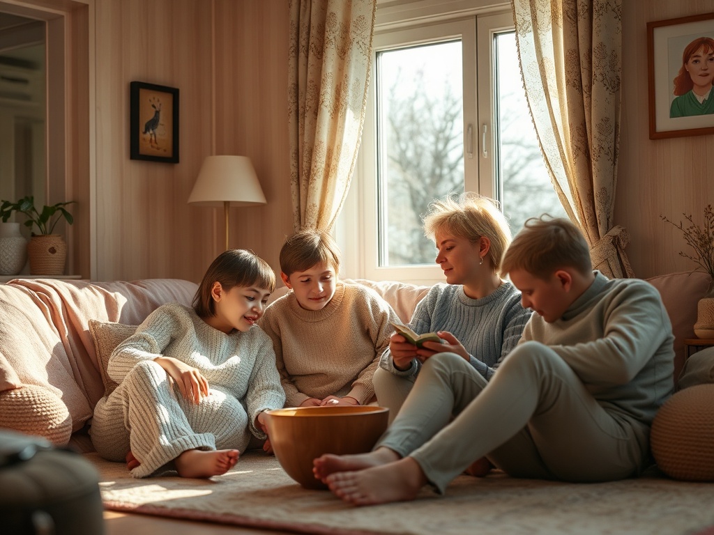 Четыре ребёнка сидят на диване в светлой комнате, смеясь и играя с игрушками в деревянной миске.