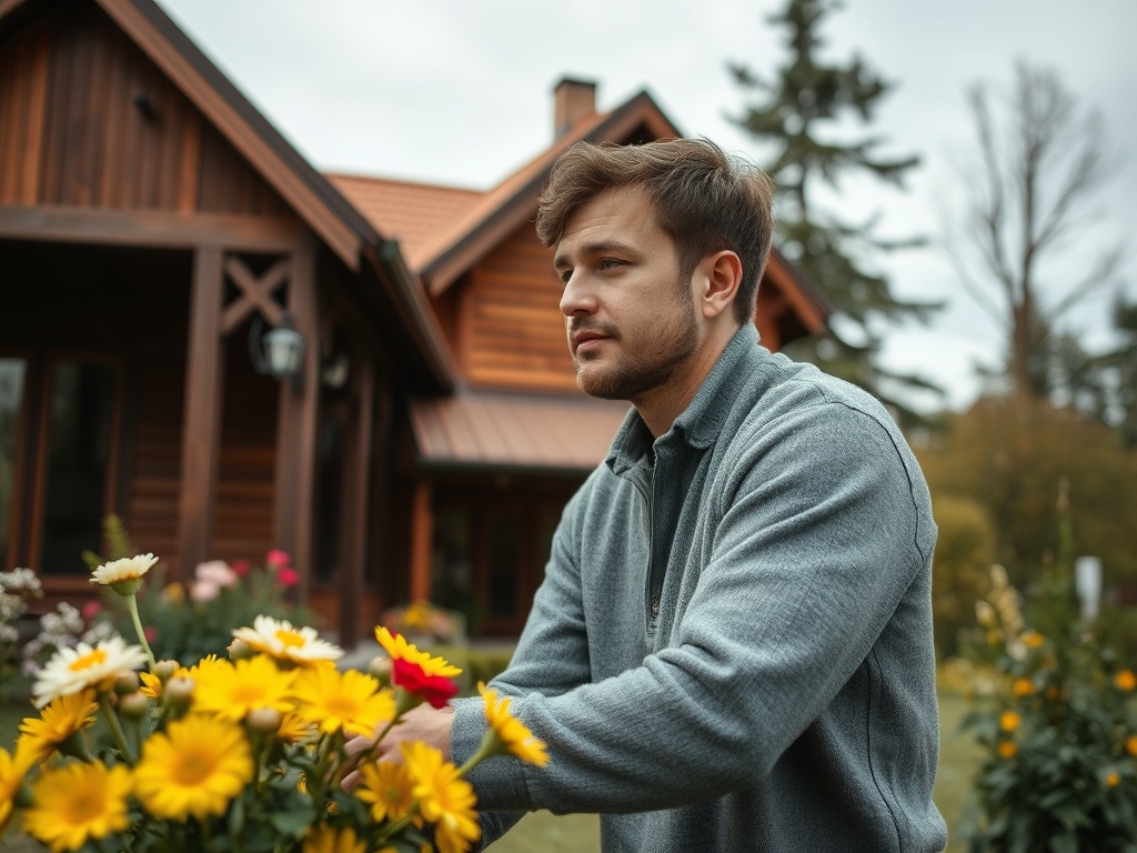 Молодой человек на фоне деревянного дома занимается садоводством, окружённый яркими цветами.