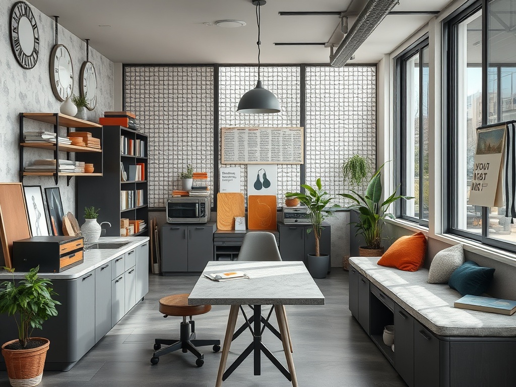 Современный стильный офис с рабочим столом, растениями и уютным местом для отдыха у окна.