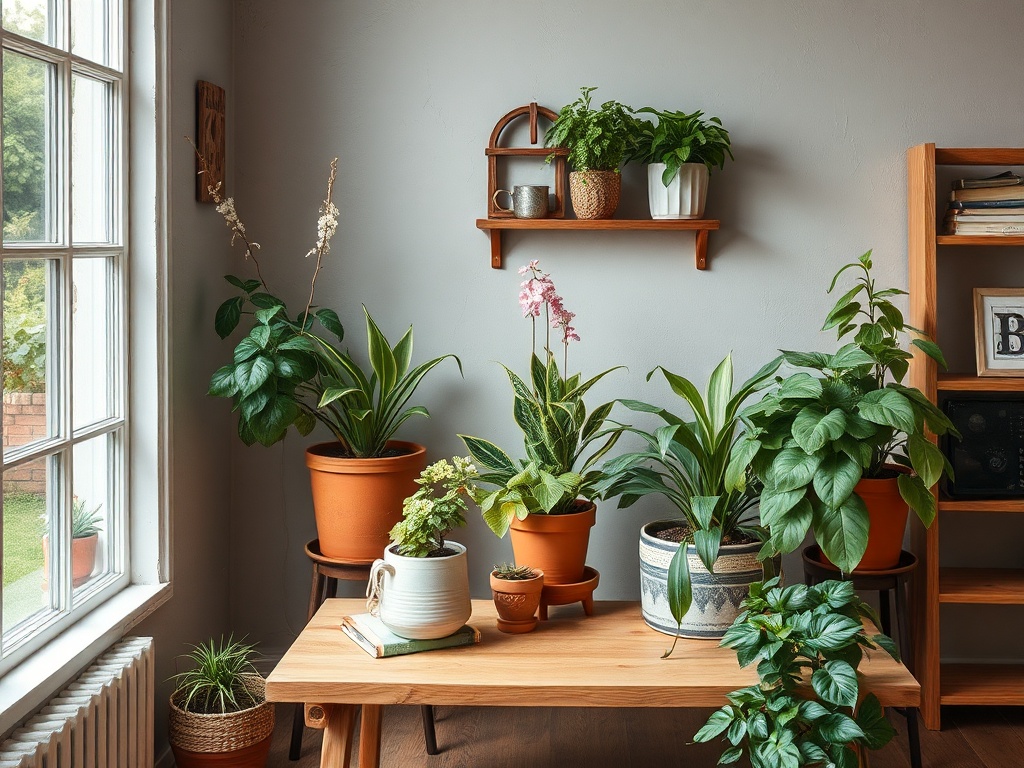 В комнате с большими окнами стоят цветы в горшках на деревянном столе и полках. Светлая и уютная атмосфера.
