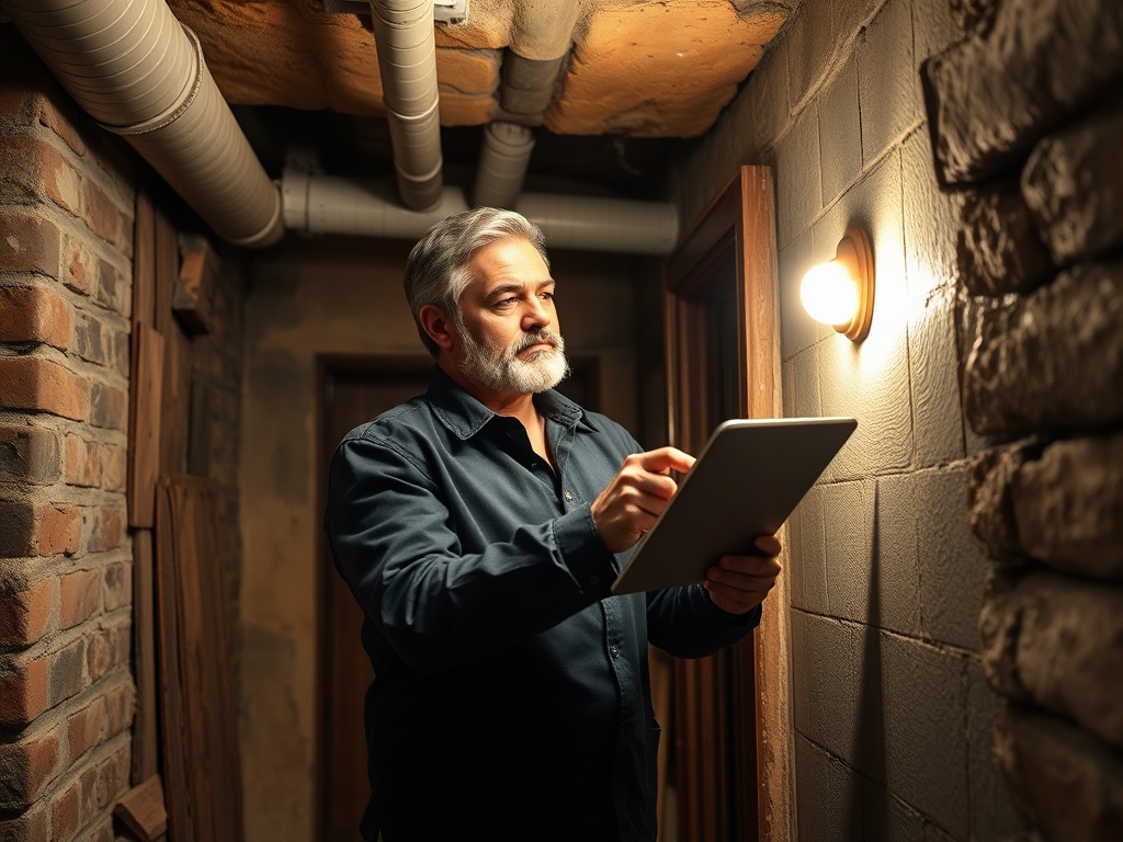 Мужчина с седеющими волосами стоит в коридоре и использует планшет в мягком свете лампы.