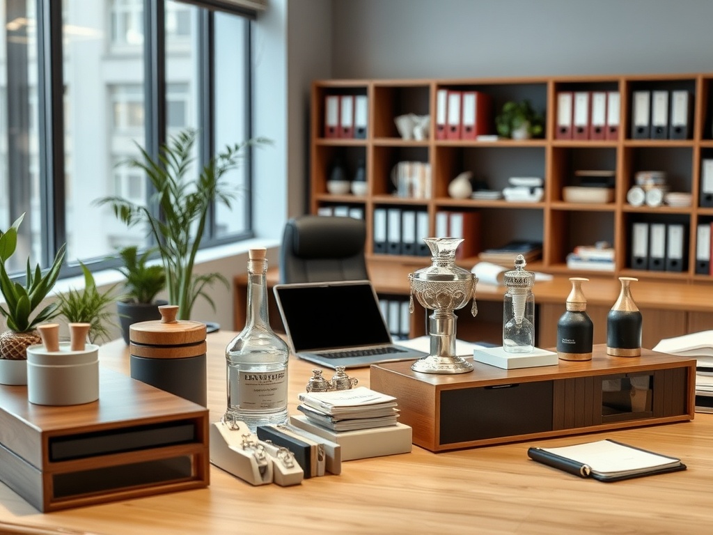 На столе в современном офисе расположены ст plants, декор и офисные принадлежности. За окном видны здания.