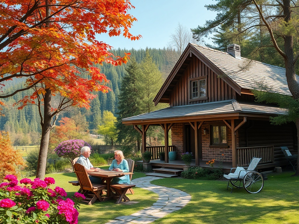 На заднем дворе дома пара наслаждается временем вместе под яркими осенними деревьями и цветами.