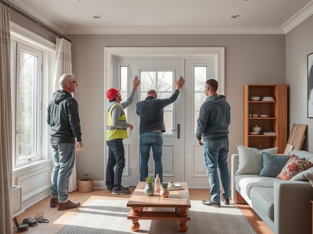 Четыре человека устанавливают дверь в светлом доме, обсуждая процесс и проверяя установку.