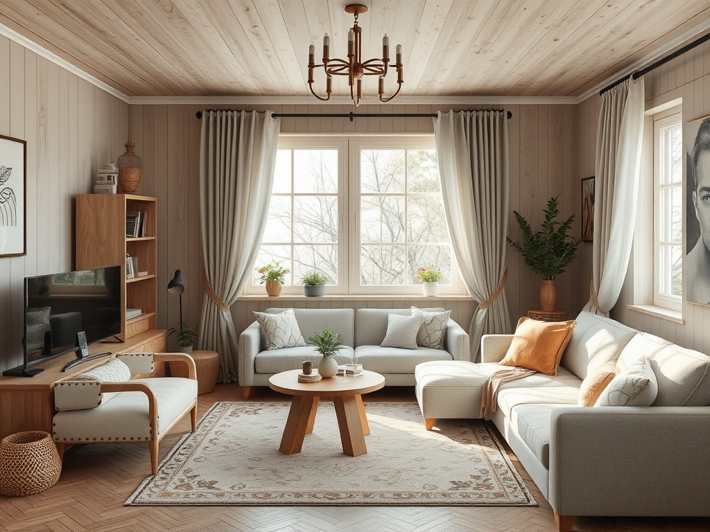 Уютная гостиная с диванами, столом и телевизором, оформленная в светлых тонах и с окнами на природу.