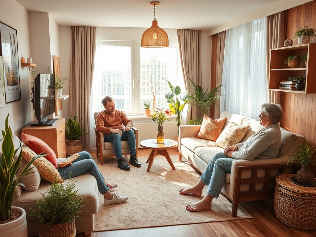 Трое людей сидят в уютной гостиной, окруженной растениями и мягкими диванами, обсуждая что-то важное.