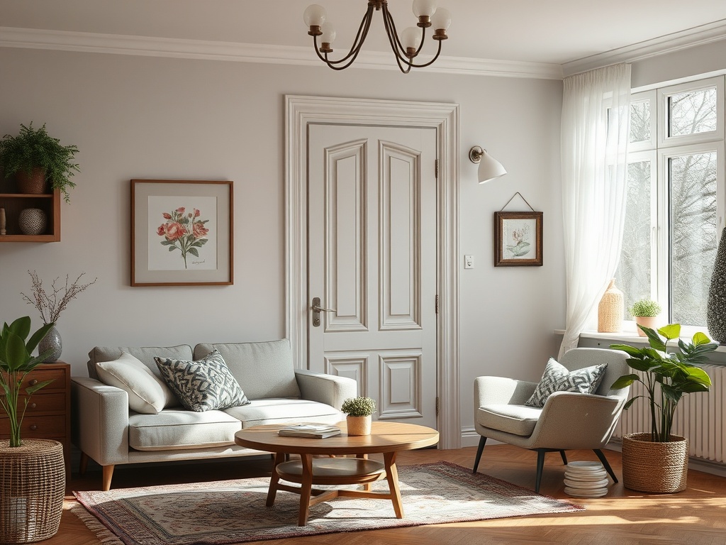 Современная светлая гостиная с уютной мебелью и растениями, светящаяся солнечными лучами через окна.