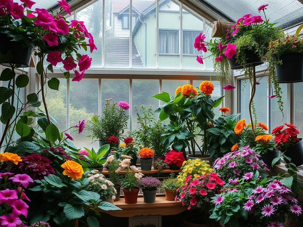 Теплица, полная ярких цветов: петунии, астры, георгины и другие растения в горшках. Красота природы внутри!