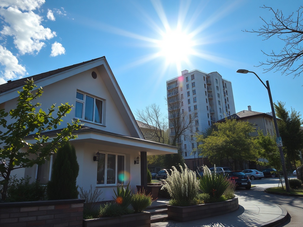 Солнечный день, частный дом и много зелени, рядом высотное здание и парковка с автомобилями.
