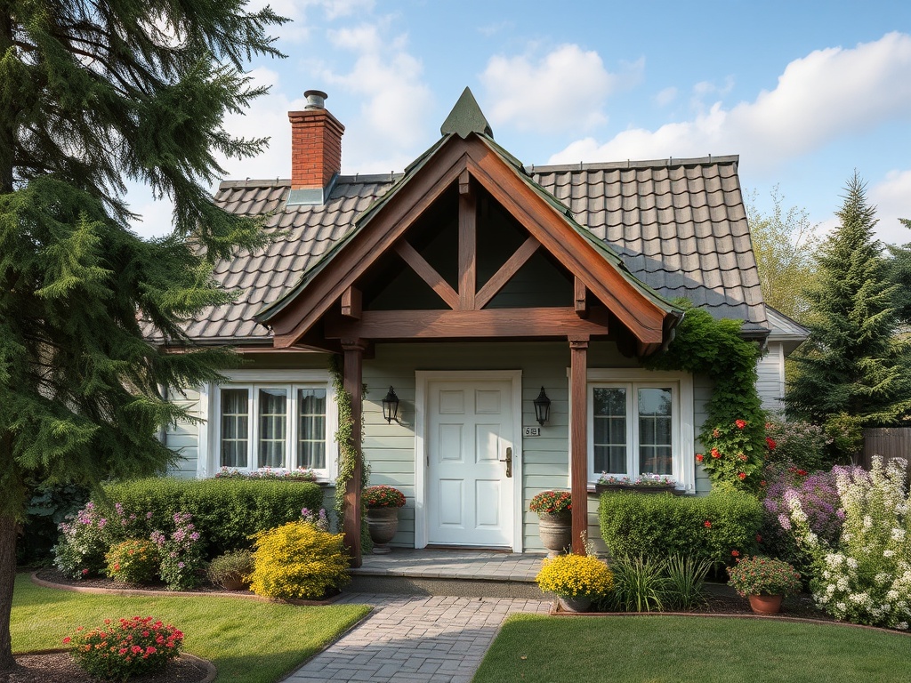 Уютный дом с симметричной крышей, цветами и зелеными растениями вокруг. Небо ясное и светлое.