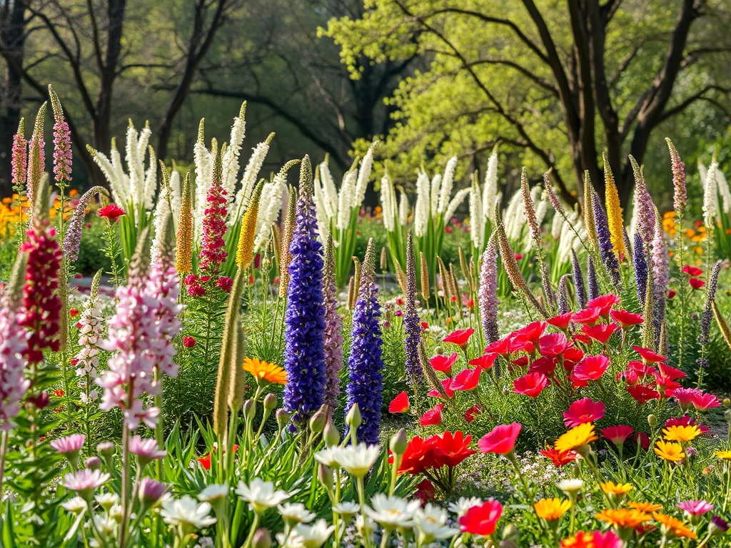 Цветущий сад с разнообразными яркими цветами: красные, синие и белые цветы среди зелени деревьев.