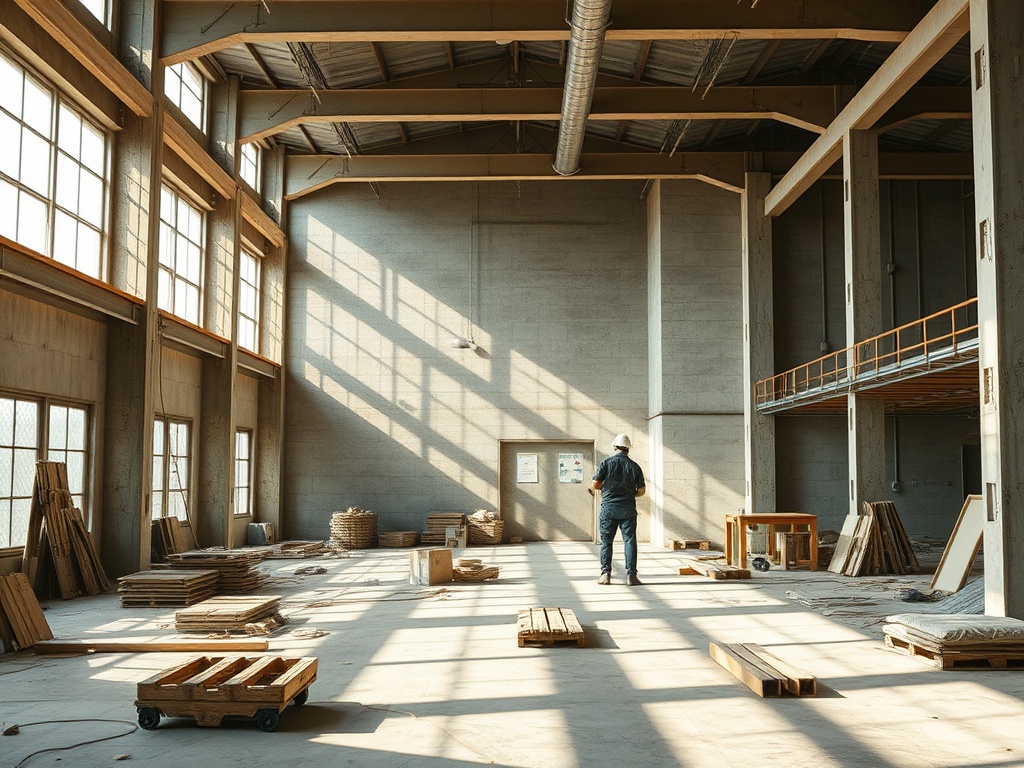 Промышленное помещение с деревянными поддонами и рабочим, смотрящим на светлую стену.
