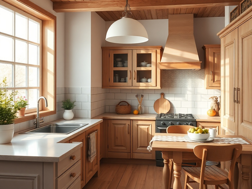 Светлая кухня с деревянными шкафами, обеденным столом и растениями на подоконнике. Уютная атмосфера.