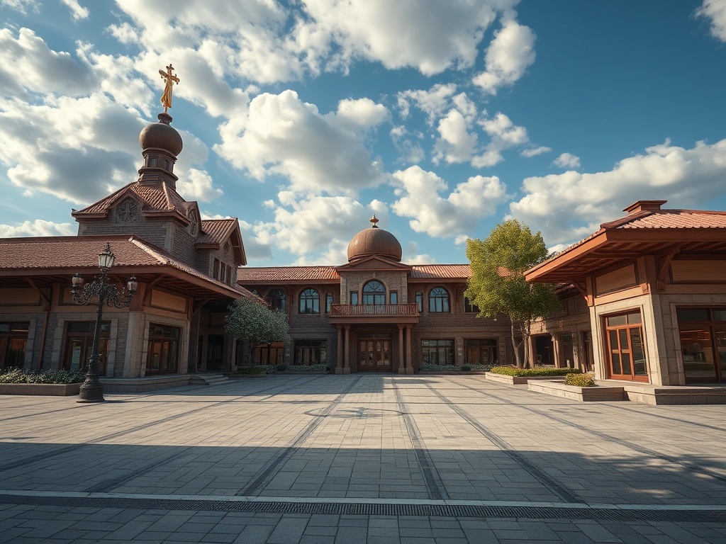 На изображении виден светлый двор с богато оформленной архитектурой и облачным небом.