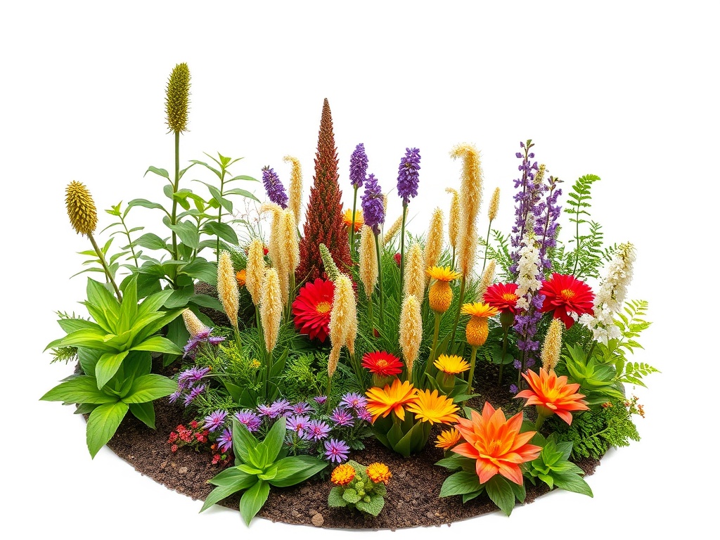 Цветочная клумба с разнообразными яркими цветами и зелеными растениями на фоне белого.