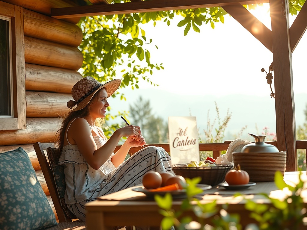 Девушка в шляпе сидит на веранде, пишет и наслаждается видом на природу при солнечном свете.
