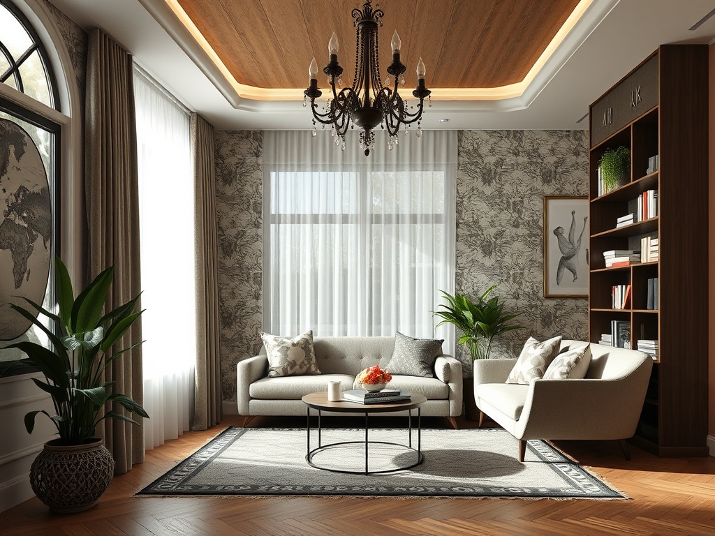 Современная гостиная с ярким светом, зелеными растениями, уютной мебелью и стильными акцентами.