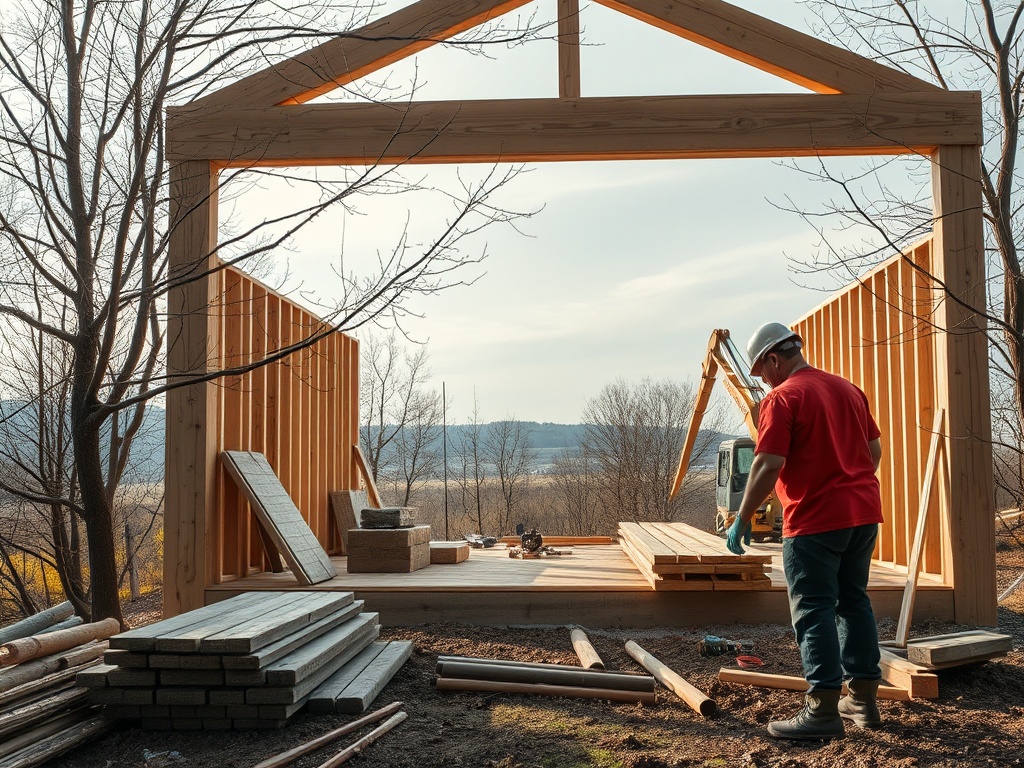 Рабочий в каске строит каркас дома на природе. Окружение - деревья и холмы. Строительные материалы рядом.