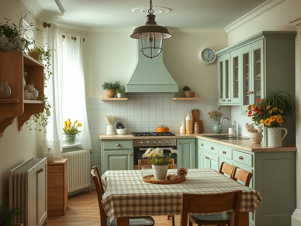 Уютная кухня с зелеными шкафчиками, столом с клетчатой скатертью и цветами на столе. Солнечное освещение.