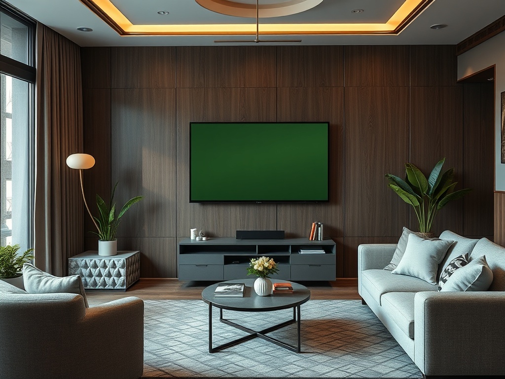 Современная гостиная с диванами, телевизором на стене и зелеными растениями. Уютный и стильный интерьер.