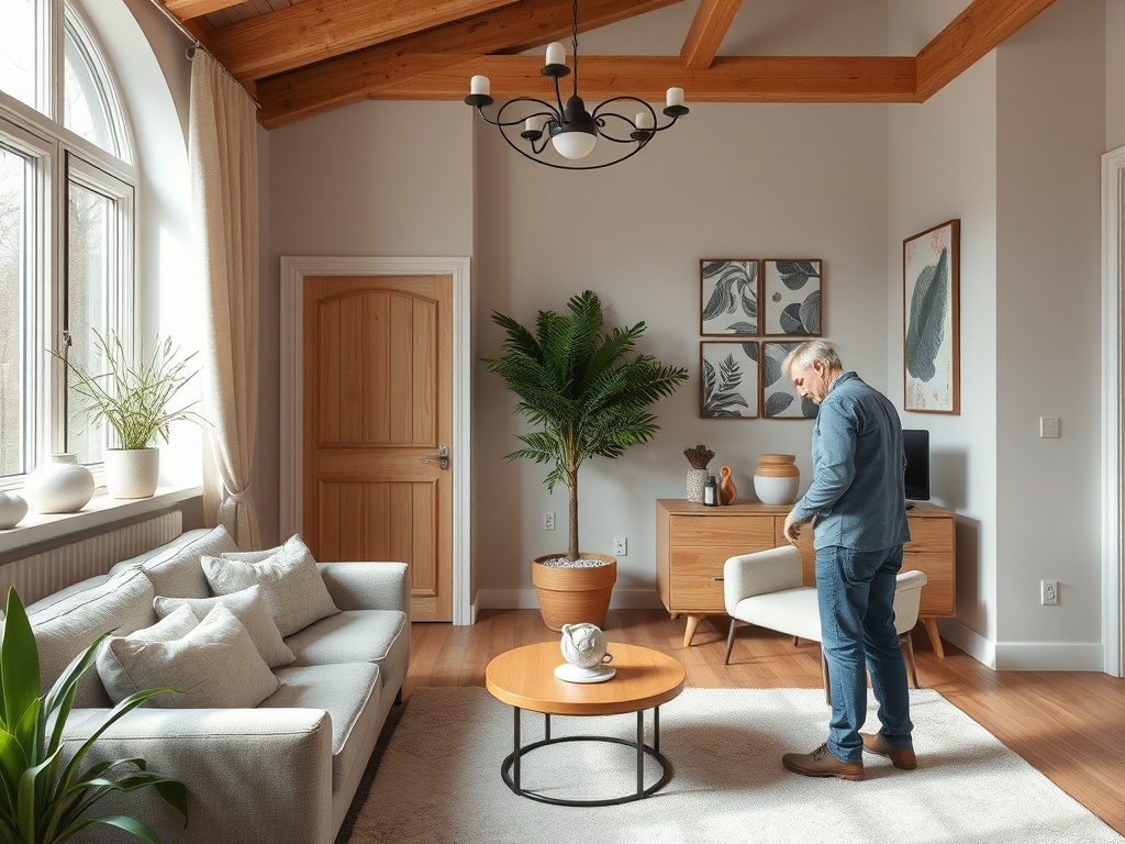 Человек стоит в современном светлом интерьере комнаты с растениями и деревянными элементами.
