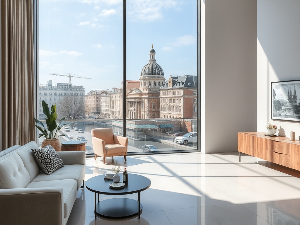 Современная гостиная с большими окнами и видом на город, мебелью и ярким солнечным светом.