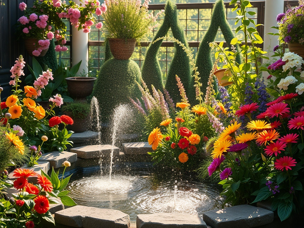 Сад с яркими цветами и фонтаном, окруженный зелеными растениями в горшках и цветочными композициями.