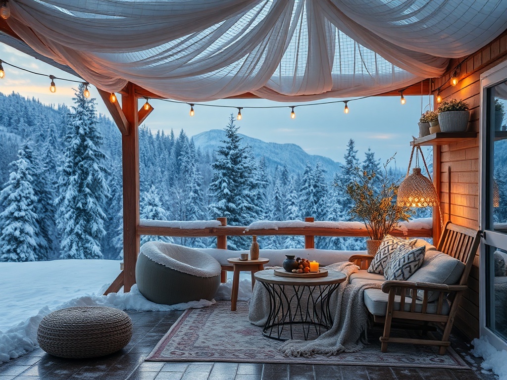 Уютная веранда с мягкой мебелью, освещенная огоньками, с видом на снежные деревья и горы.