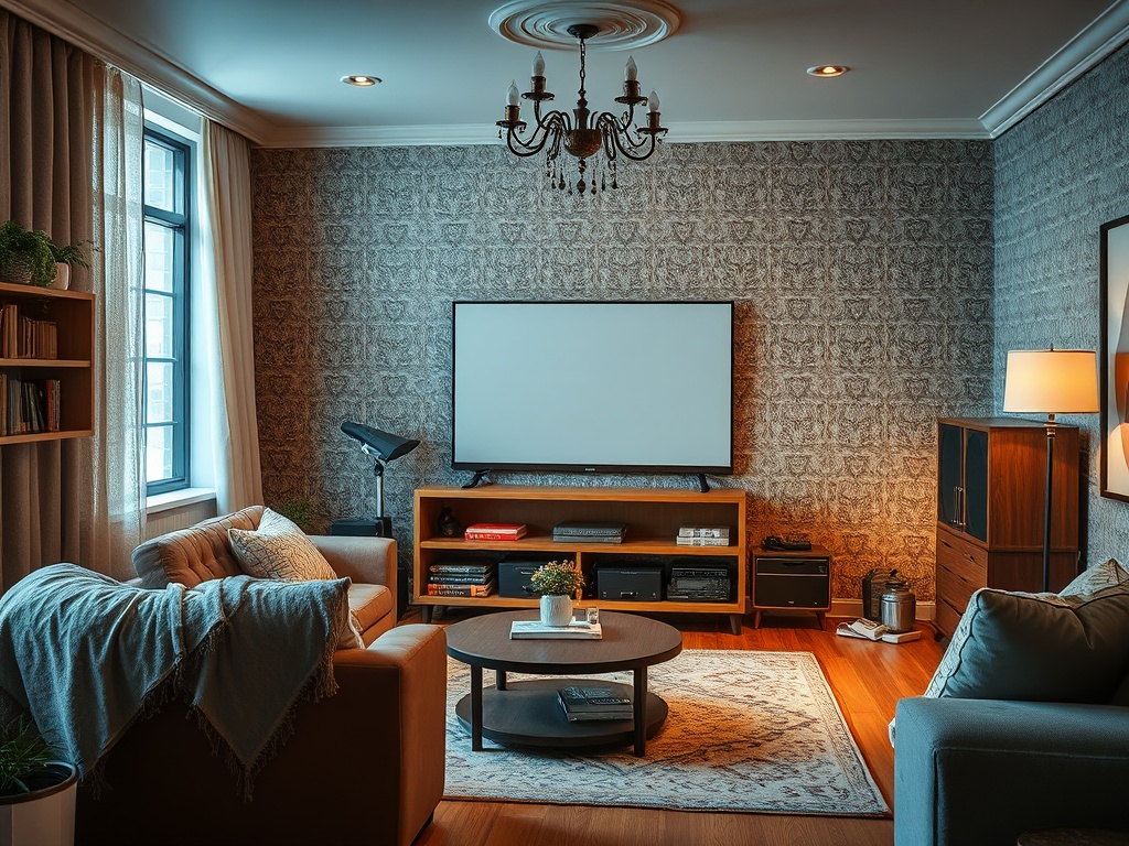 Уютная гостиная с телевизором на стене, диваном и столиком посередине, светлые шторы и теплое освещение.