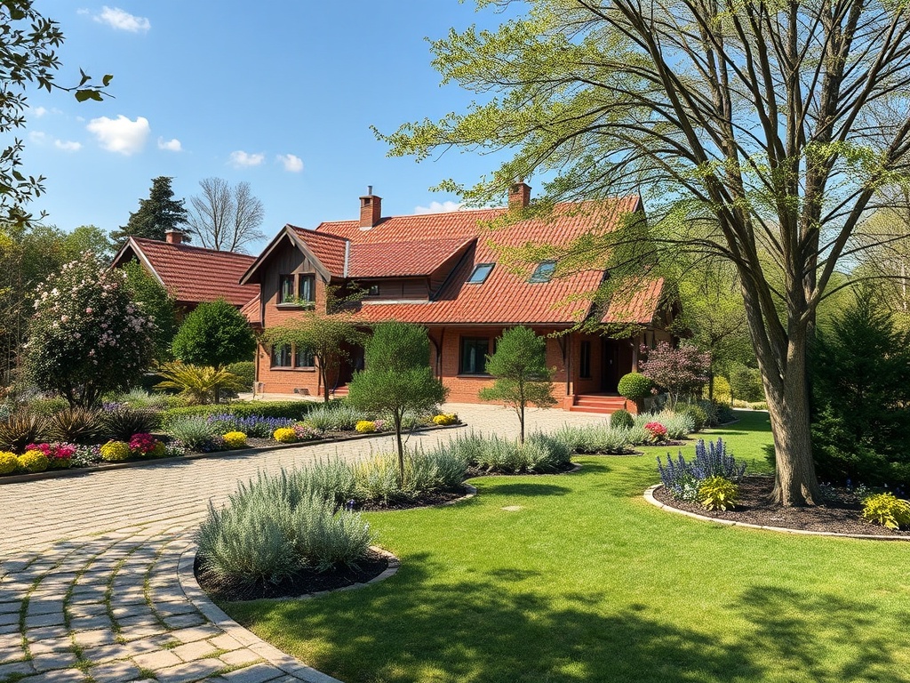 Красивая дача с красной крышей, ухоженным садом и цветущими растениями на солнечном день.